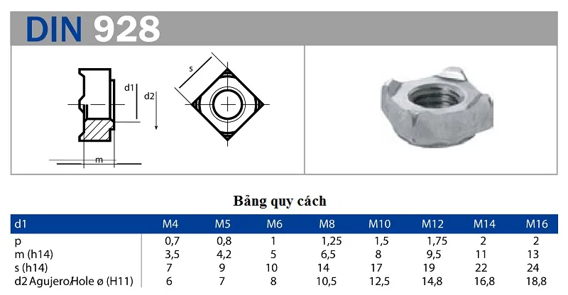 TSKT Đai Ốc Hàn 4 Chân DIN 928 (Square Weld Nut)